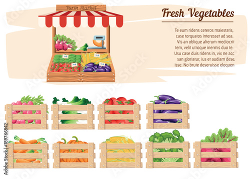 Front view market wood stand with farm food and vegetables in open box vector with weights and price tags with place for your text illustration on white background