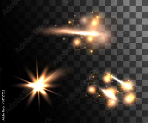 Set of golden vector light effects glowing light rings with particles decoration isolated on the transparent background website page and mobile app design