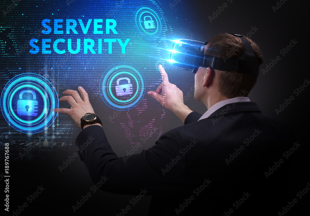 Business, Technology, Internet and network concept. Young businessman working on a virtual screen of the future and sees the inscription: Server security Business, Technology, Internet and network concept. Young businessman working on a virtual screen of the future and sees the inscription: Server security