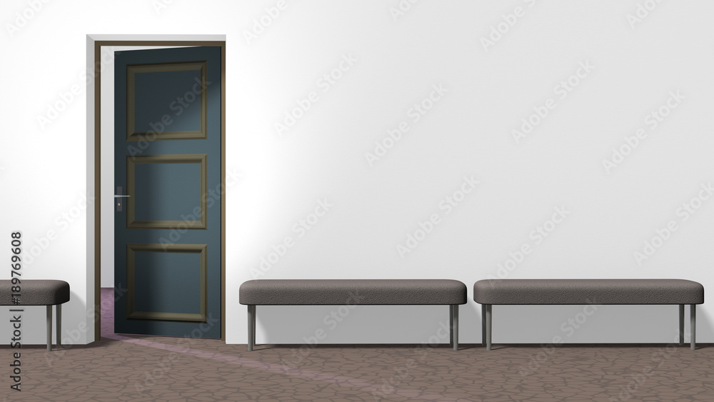 Waiting hall corridor with white wall, openz door on the left, brown floor with crackle pattern, and three backless upholstered benches. Horizontal 16:9 interior 3d render.