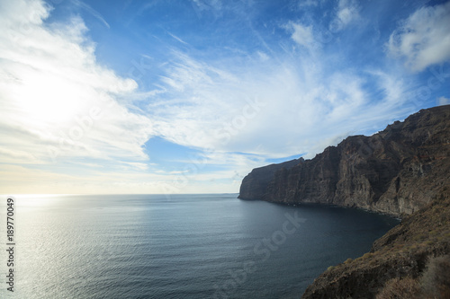 fishing boats and nets near Los Gigantes Cliffs, Tenerife, Spain. Arial view