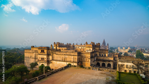 Orchha Palace, sunny day and blue sky, view from above. Also spelled Orcha, famous travel destination in India.