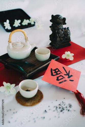 Concept picture for Chinese new year table set up and Chinese deish with Chinese word means fortune photo