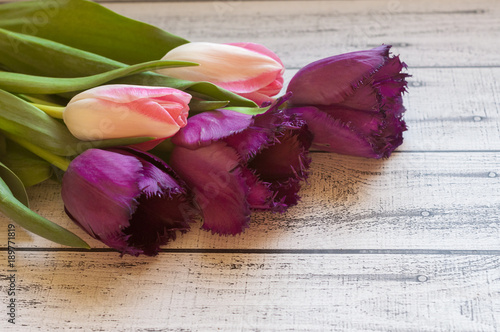 Bukiet kolorowych tulipanów na drewnianym stole