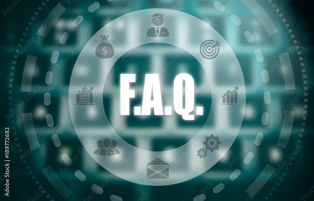 A FAQ concept on a futuristic computer display over a blured image of a keyboard. A FAQ concept on a futuristic computer display over a blured image of a keyboard.
