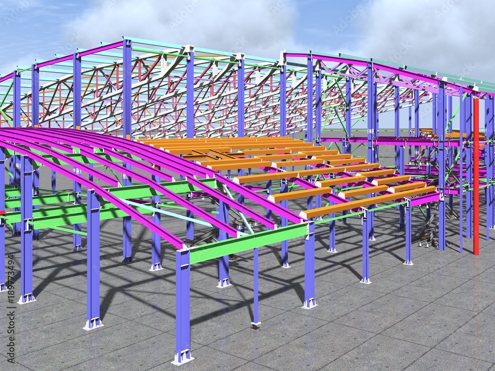 The 3D model of the construction of sports buildings from metal constructions. Engineering, industrial and construction background. 3D rendering. The 3D model of the construction of sports buildings from metal constructions. Engineering, industrial and construction background. 3D rendering.