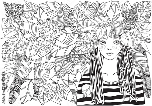Cool young girl in a striped sweater with autumn leaves . Adult Coloring book page. Young woman. Black and white Zentangle style. . A4.