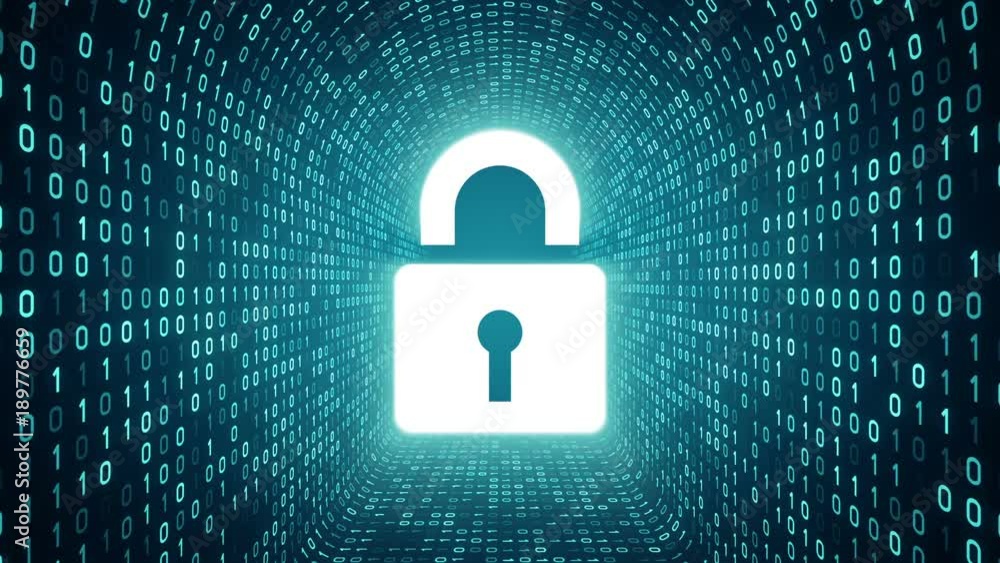 White lock icon form cyan binary tunnel on black background. Computer security concept. Seamless loop. More icons and color options available in my portfolio. White lock icon form cyan binary tunnel on black background. Computer security concept. Seamless loop. More icons and color options available in my portfolio.