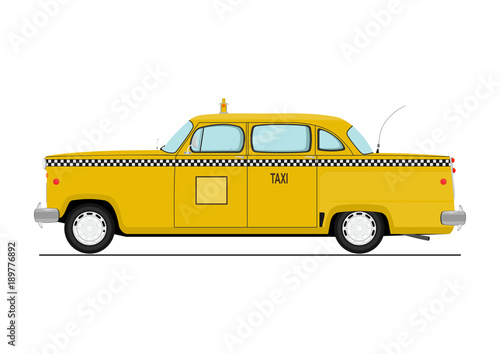 Cartoon yellow taxicab. Side view. Flat vector.