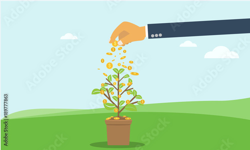 Businessman hand investing money coin tree with can. growth, investment concept with flat and solid color style.