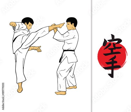 Hieroglyph of karate and men demonstrating karate.