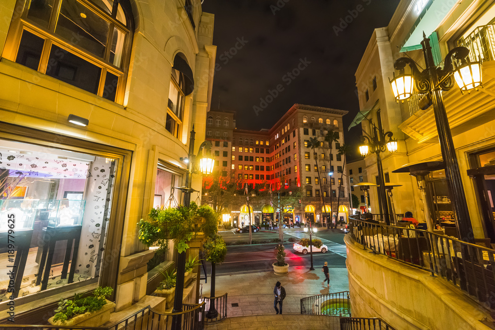 Elegant buildings in Rodeo Drive by night