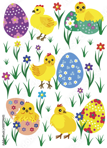 Set of easter eggs with chicks. Happy Easter day vector clip art for your design. 