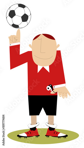 Cartoon referee with whistle and football isolated vector illustration. Smiling referee with whistle holds a football on the finger isolated on white illustration
