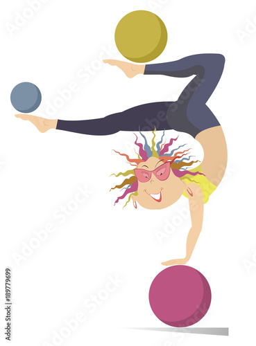 Funny young woman with multicolor hair standing legs up on the ball and doing exercises with the balls by legs isolated on white illustration