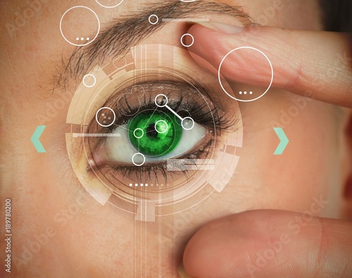 Woman stretching her eye for an authentication photo