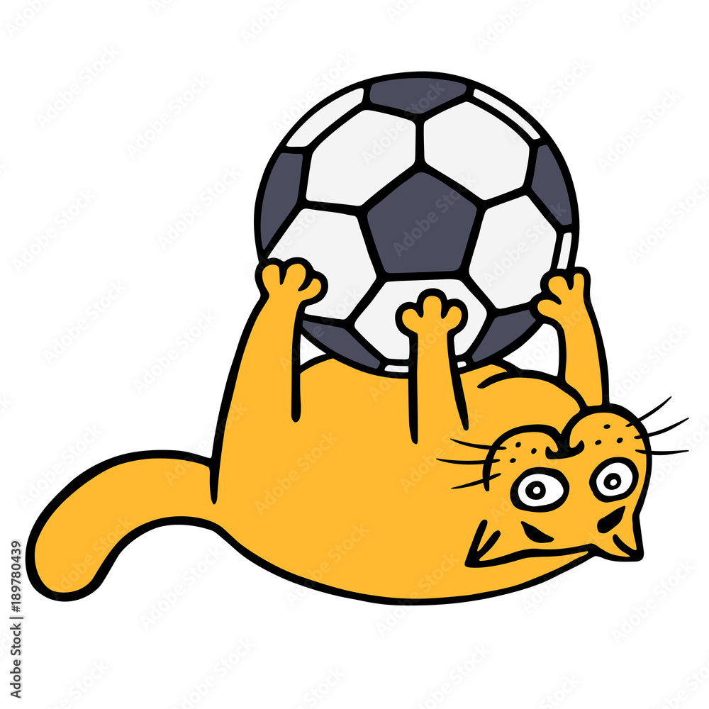 Obraz premium Cute orange cat is playing with a soccer ball. Vector illustration