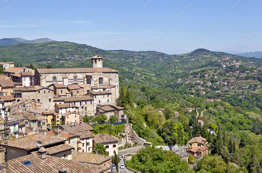 Panoramic view of the city and the picturesque surroundings. Perugia, Italy.