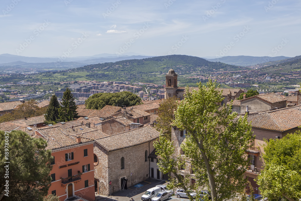 Panoramic view of the city and the picturesque surroundings. Perugia, Italy.