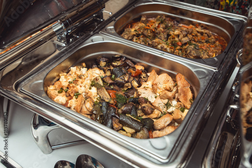 Wedding Catering: Chicken with Vegetables and Gravy in a steel Chafing Dish photo