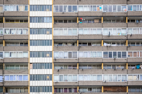 Facade of old council tower block in south east London