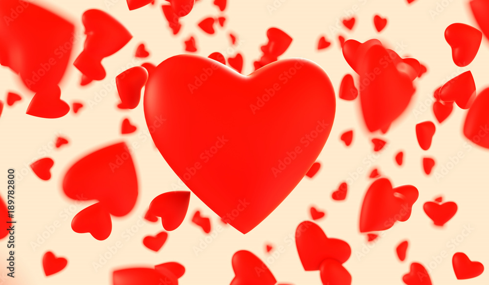 Flying red hearts. Valentine's Day. 3d render illustration