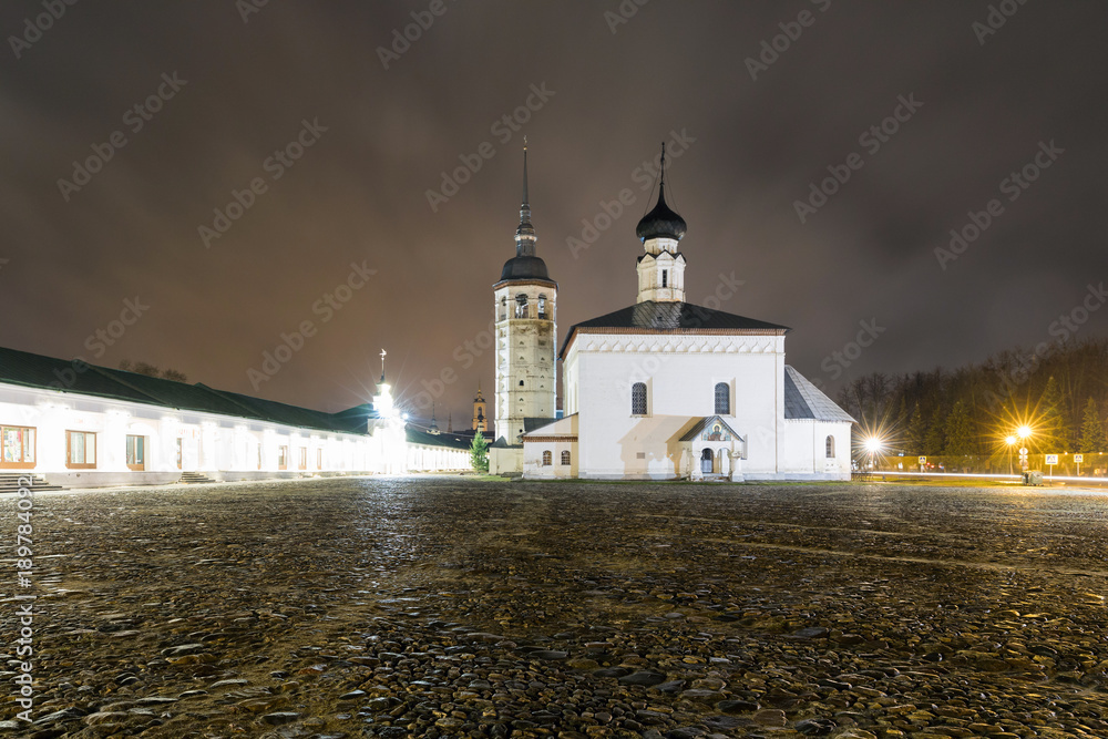 Resurrection Church on the market square in Suzdal at night after rain. Russia, Suzdal. The Golden Ring