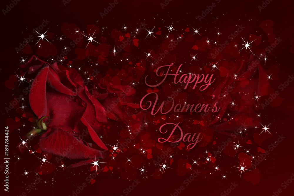 Red rose with drops of water on a red background with hearts in various shades of red and white stars and the words Happy Womens Day
