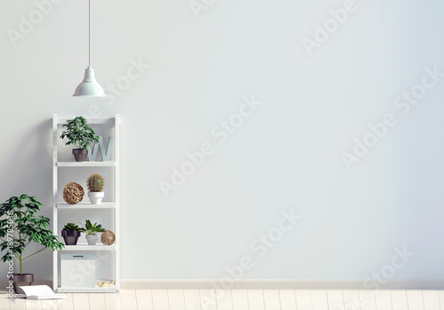 Modern interior with shalf, plant and lamp. Wall mock up. 3d illustration photo