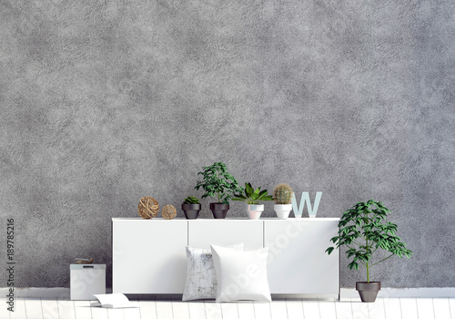 Modern interior with rack, plant and pillow. Wall mock up. 3d illustration