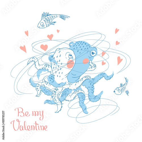Hand drawn Valentine's Day greeting card. Cute couple of octopuses hugs