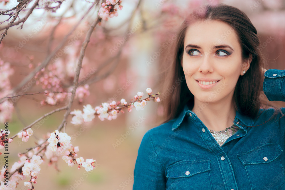 Beautiful Smiling Woman Near Pink Blooming Spring Tree Beautiful Smiling Woman Near Pink Blooming Spring Tree