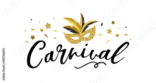 Carnival poster, banner with golden chic party elements - mask, confetti, stars and splashes