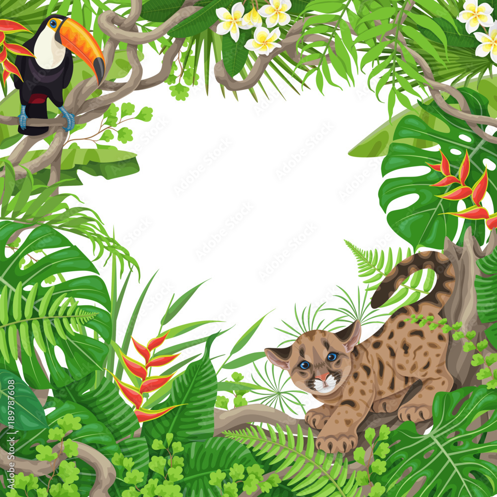 Obraz premium Tropikalna rama z roślinami i zwierzętami