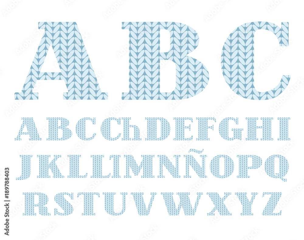 Knitted font, Spanish alphabet, vector, blue. Uppercase letters of the Spanish alphabet. Letters with serifs. Simulation of knitted fabric of blue color. Vector badges. Knitted font, Spanish alphabet, vector, blue. Uppercase letters of the Spanish alphabet. Letters with serifs. Simulation of knitted fabric of blue color. Vector badges.