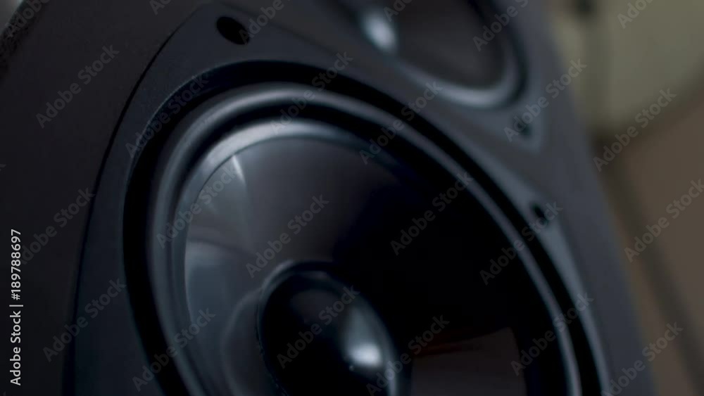 We tilt up a tower speaker with the two bass speakers vibrating. They pump with bass. We tilt up a tower speaker with the two bass speakers vibrating. They pump with bass.