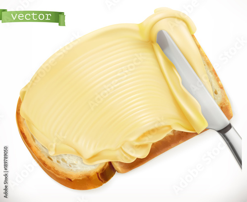 Knife and butter on bread. 3d realistic vector icon