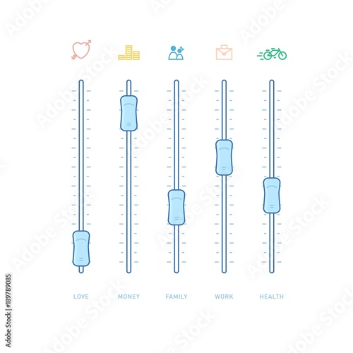 Control panel with sliders. Analog sound mixer or console. Remote control of the balance of life. Line design. Vector illustration.