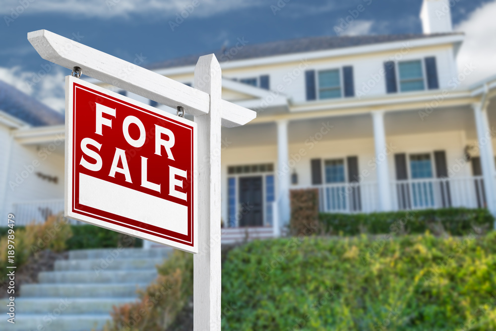 Left Facing For Sale Real Estate Sign In Front of House. Left Facing For Sale Real Estate Sign In Front of House.