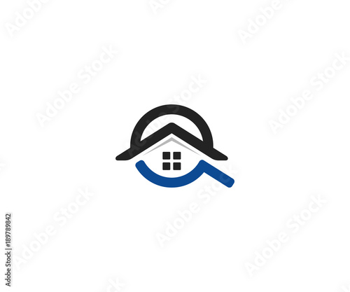 Home search logo template. House roof and magnifier vector design. Searching illustration