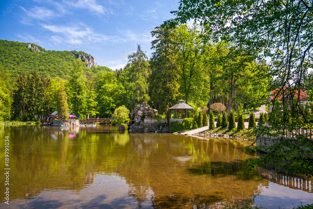 Park with a lake in the spa town Rajecke Teplice in Slovakia, Europe.