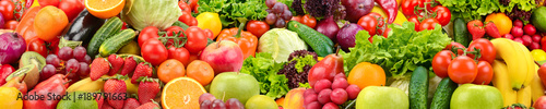 Panoramic collection healthy fruits and vegetables.