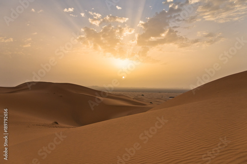 Sunrise over sand dunes in Erg Chebbi   Sahara desert  Morocco  Africa