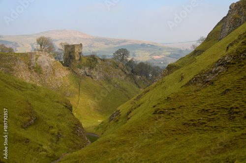 Peveril Castle, a ruined 11th-century castle overlooking the village of Castleton in the English county of Derbyshire photo
