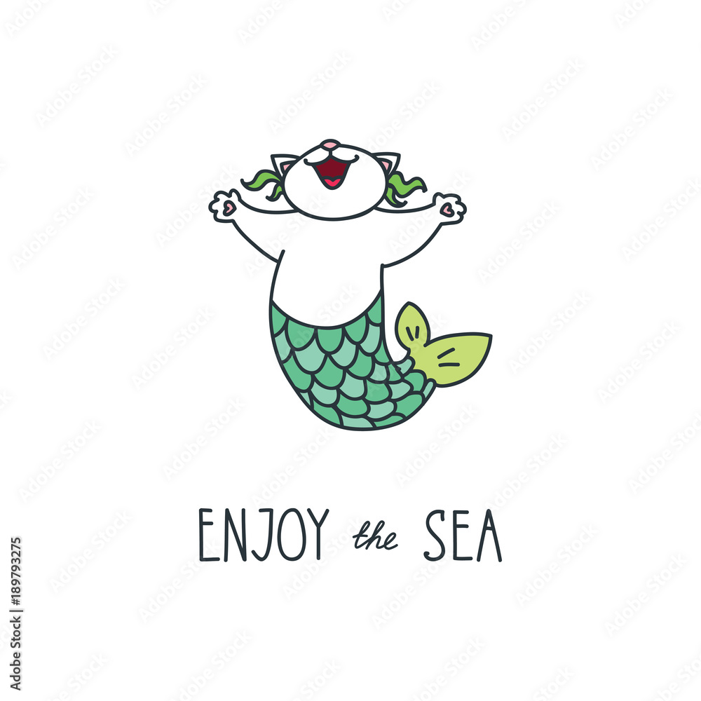 Enjoy the sea. Doodle vector illustration of happy cat mermaid. Can be used for t-short print, poster or card
