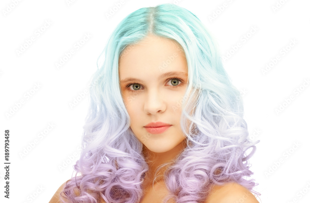 teen girl with trendy colorful gradient dyed hair