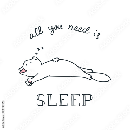Naklejka Wszystko czego potrzebujesz to sen. Doodle wektorowa ilustracja śmieszny sleepig kot. Może być używany do drukowania krótkiego, plakatu lub karty