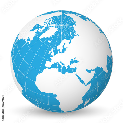 Earth globe with green world map and blue seas and oceans focused on Europe. With thin white meridians and parallels. 3D vector illustration.