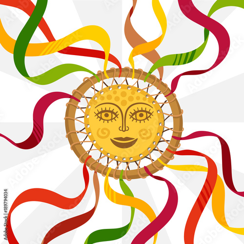 Shrovetide Symbol Decorated With Ribbons Wheel-Sun With a Human Face.