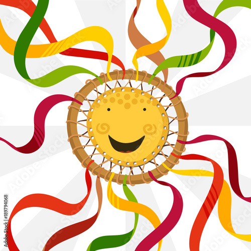 Shrovetide Symbol Decorated With Ribbons Wheel-Sun With a Smile Face.